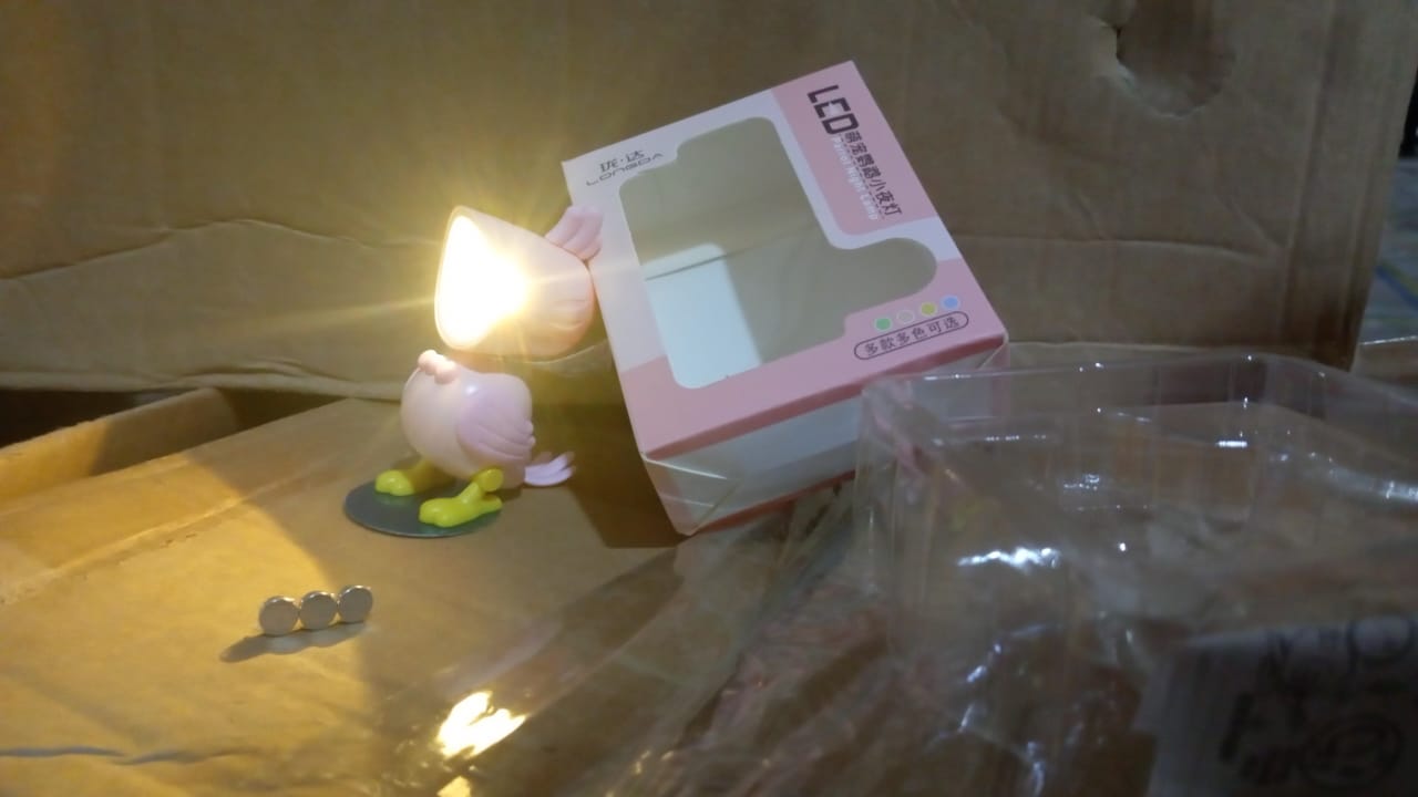 The Magnetic Parrot Night Lamp package content with batteries.