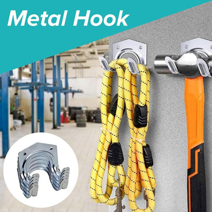 Durable tool hanger hooks holding garden tools like rakes, shovels, and brooms on a wall.