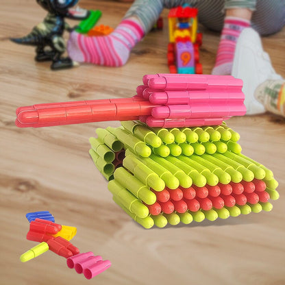A pyramid and other shapes constructed using the 88-piece Bullet Blocks set.