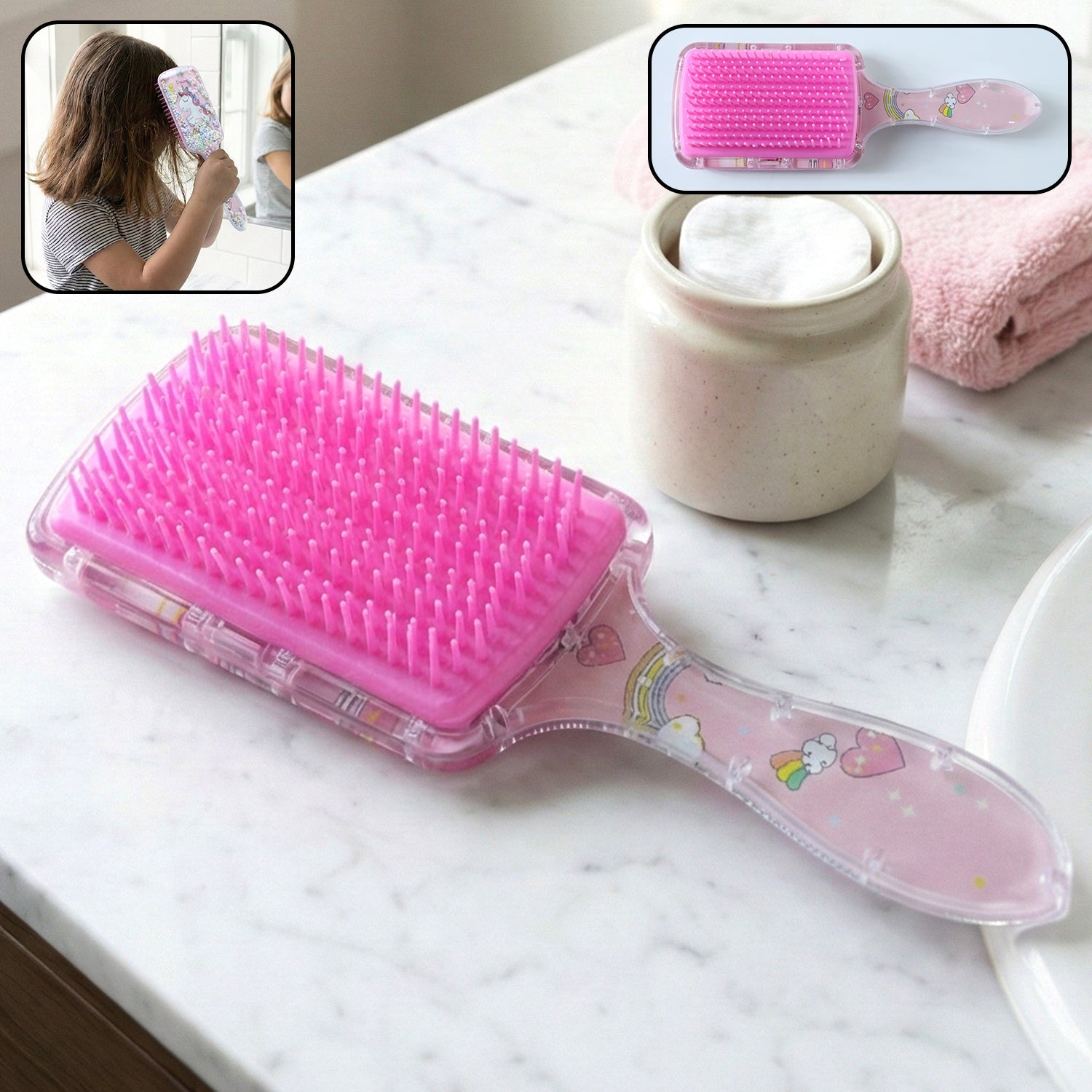 Cute printed kids hairbrush with soft bristles for gentle detangling