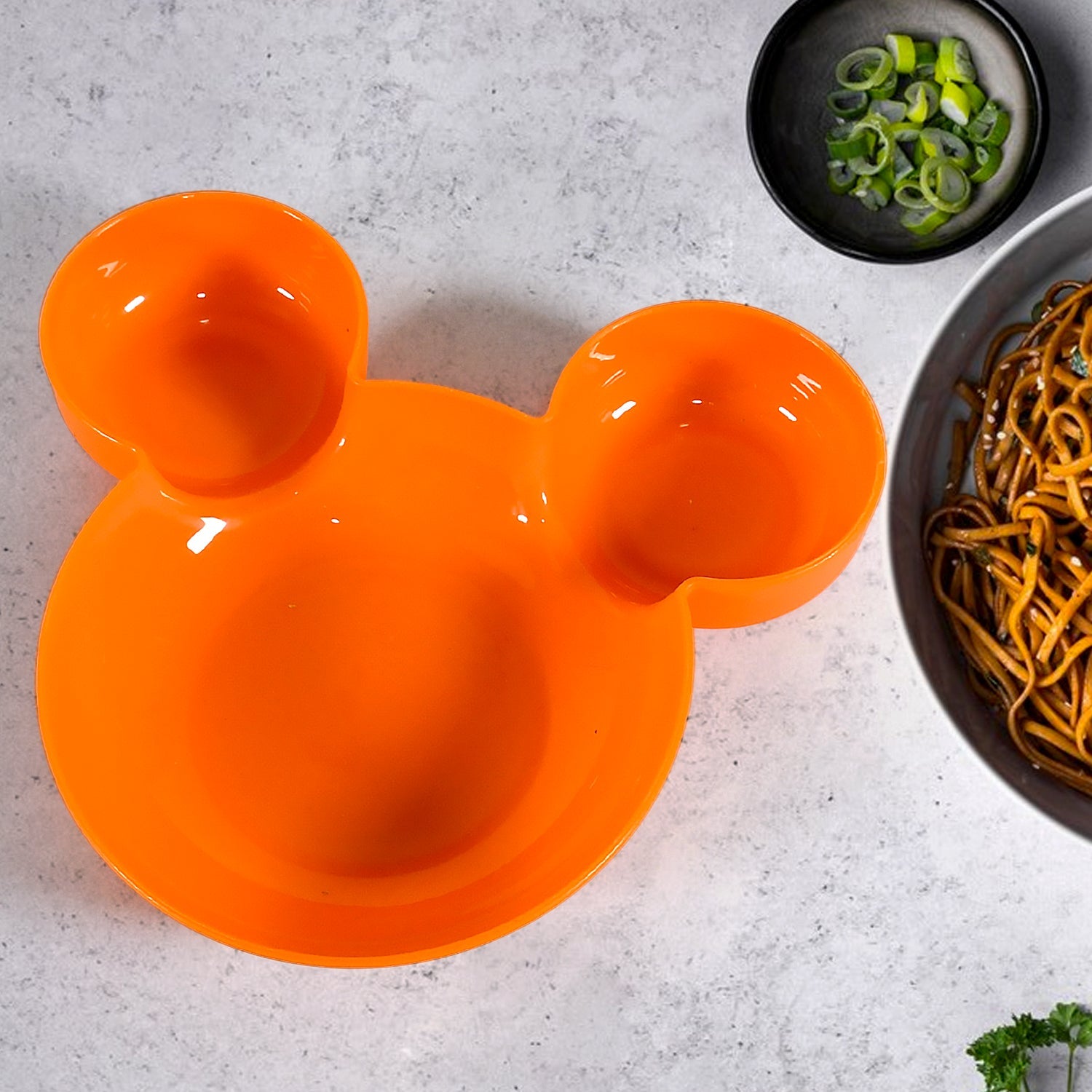 Bright red Mickey Mouse Kids Plate with three food compartments on a clean white background.