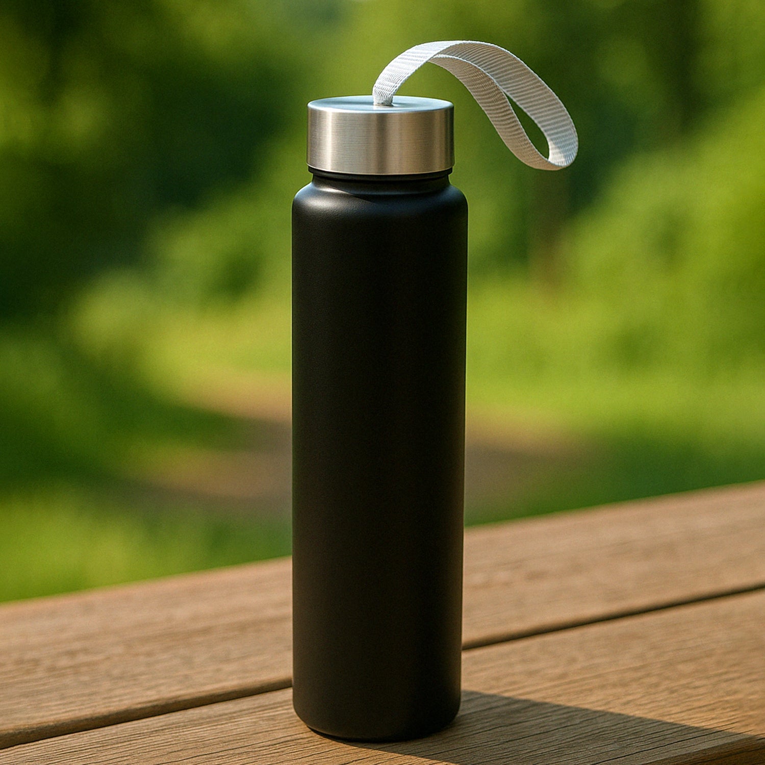 Portable stainless steel water bottle in matte finish with carry strap