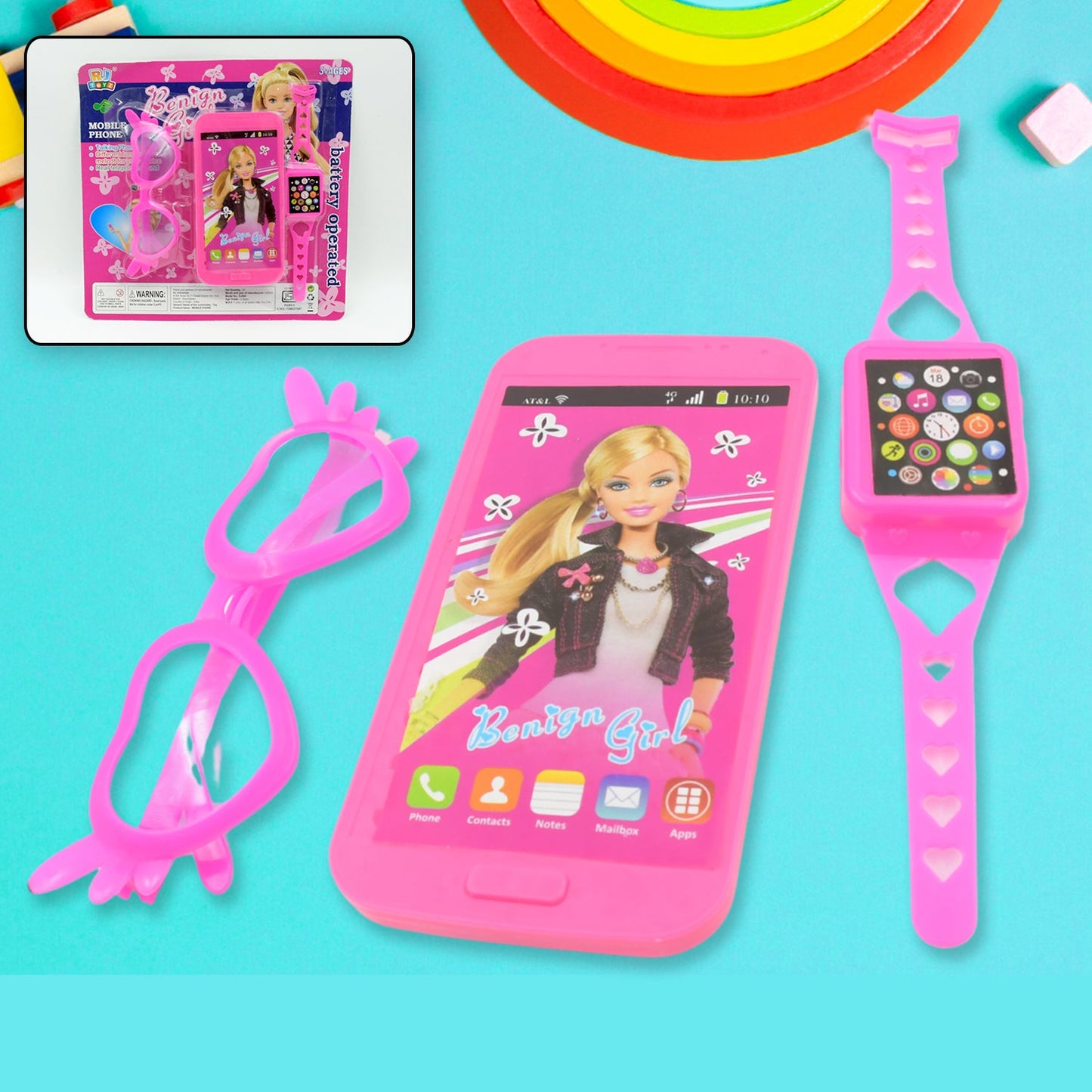A Barbie musical phone play set featuring a pink toy phone, watch, and glasses on a white background.