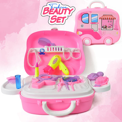 Kids' pretend play makeup kit in a portable pink wheel suitcase.