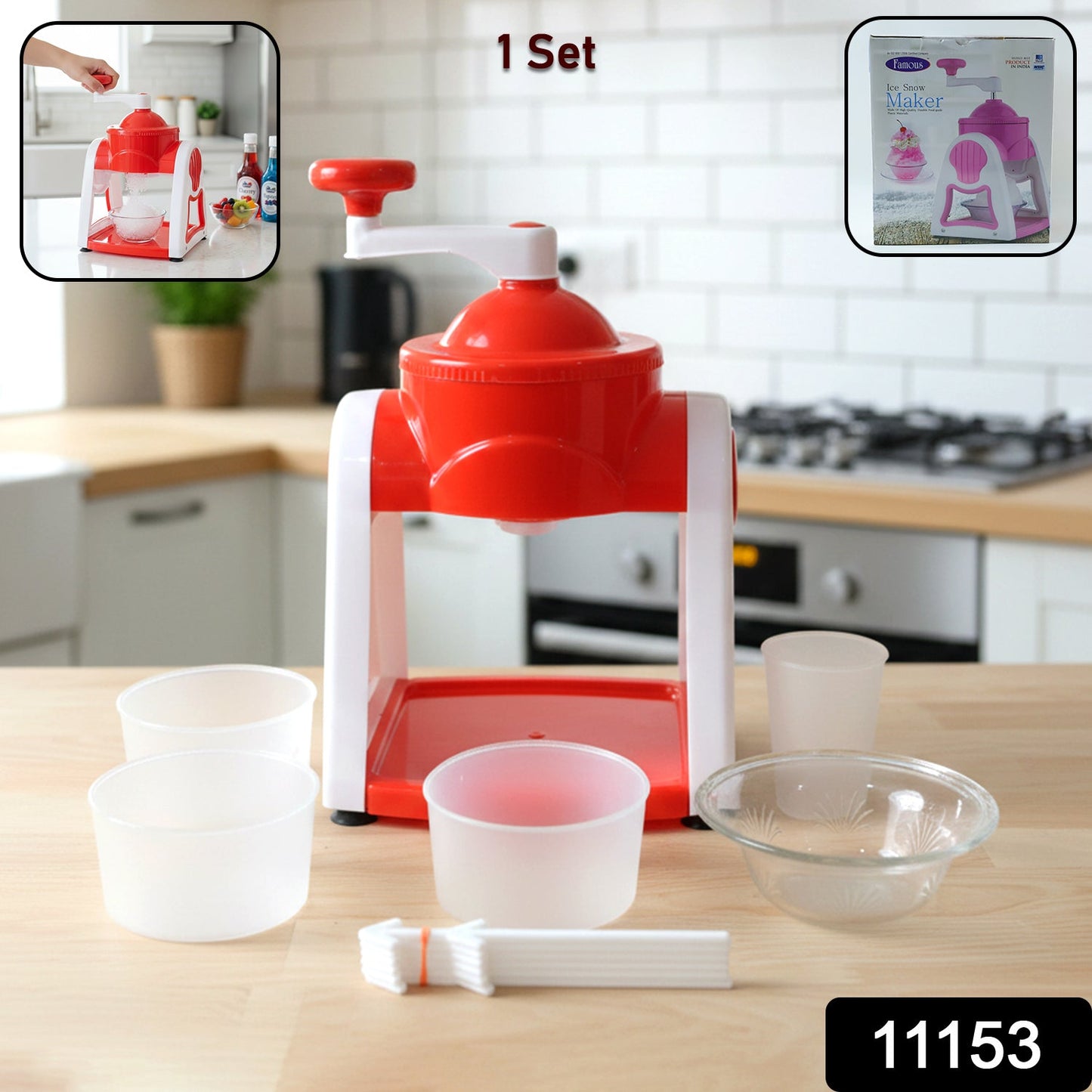 Hand operated snow ice maker demonstrating its simple crank mechanism.