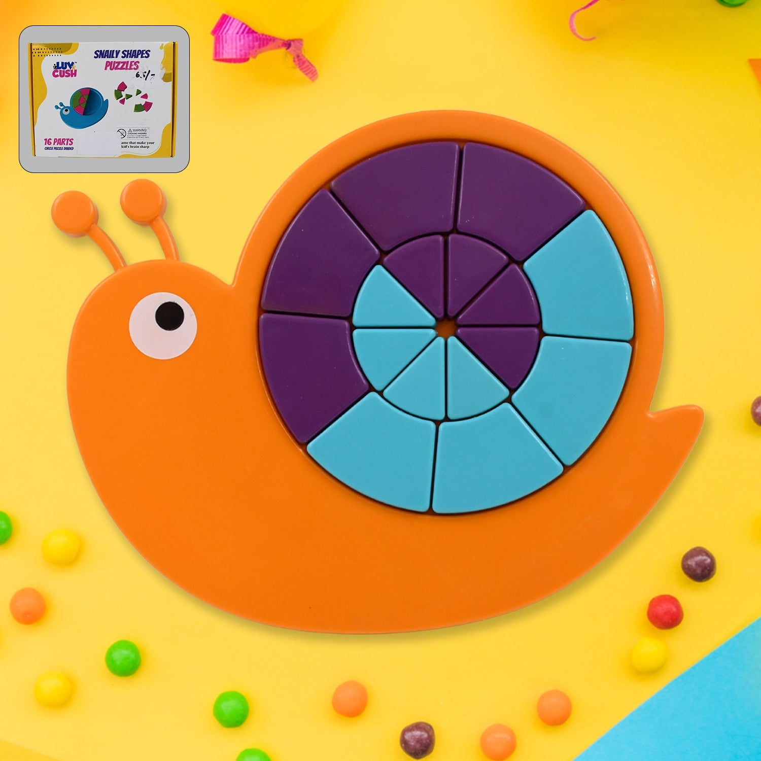 Colorful 16-piece Snail Puzzle for Kids, ready for assembly.