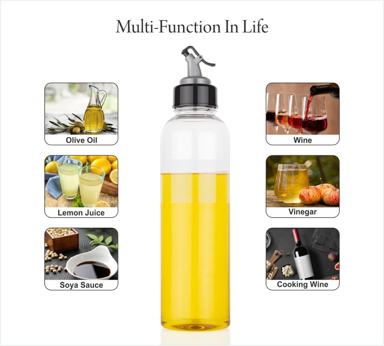 Side profile of the transparent 1L oil bottle, ideal for kitchen organization.