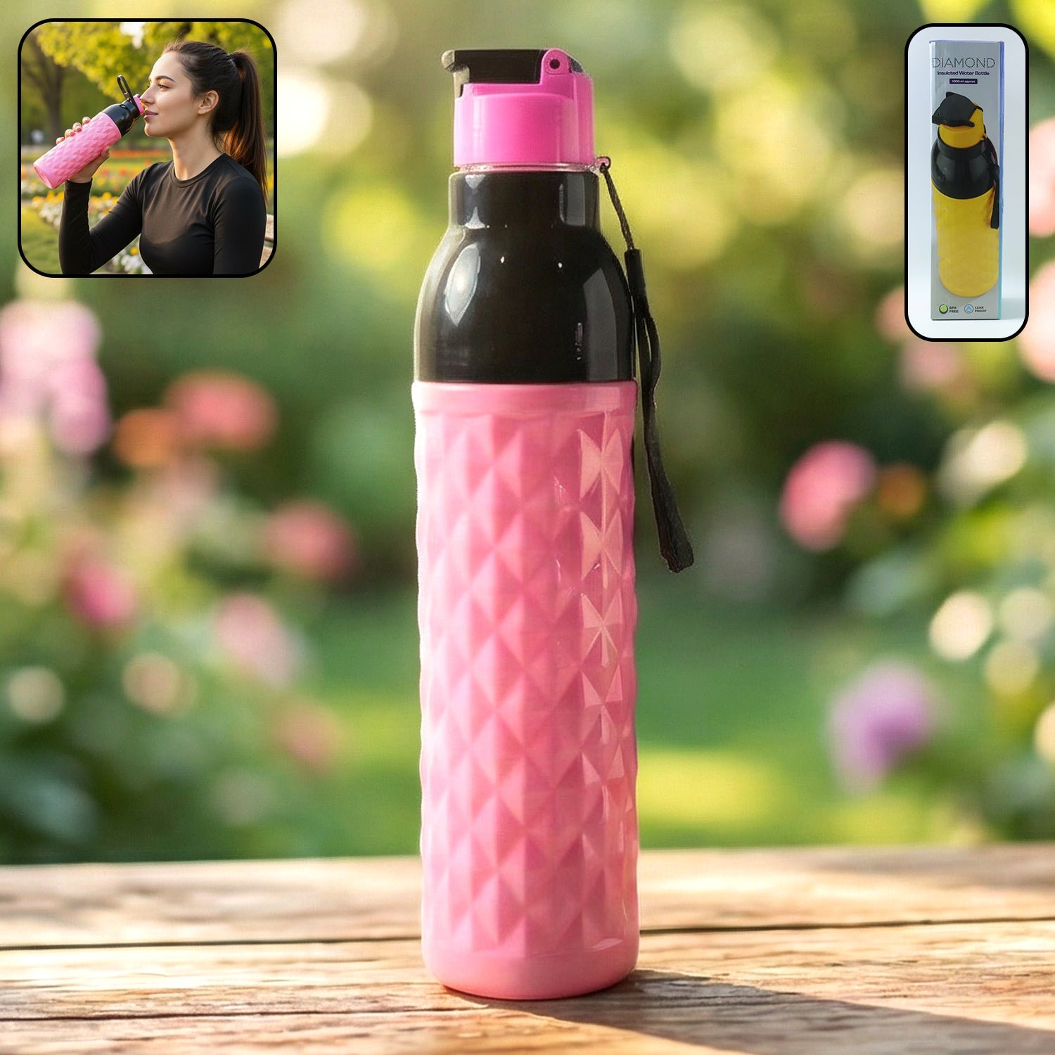 1000ML plastic water bottle with leakproof diamond pattern front view