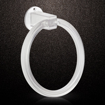 Clear ABS towel ring installed on a bathroom wall, holding a neatly folded white hand towel.