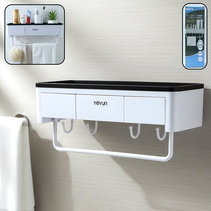 Wall mounted bathroom storage rack organizer with shelf and hooks