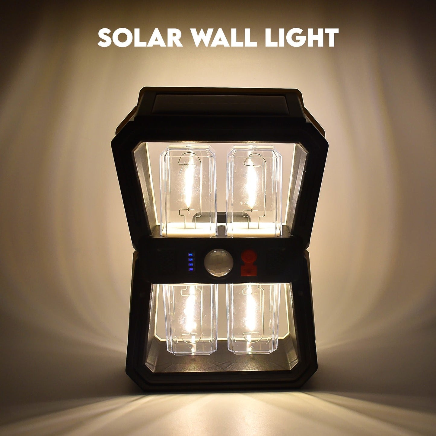 Solar Wall Lantern with motion sensor illuminating an outdoor space at dusk.