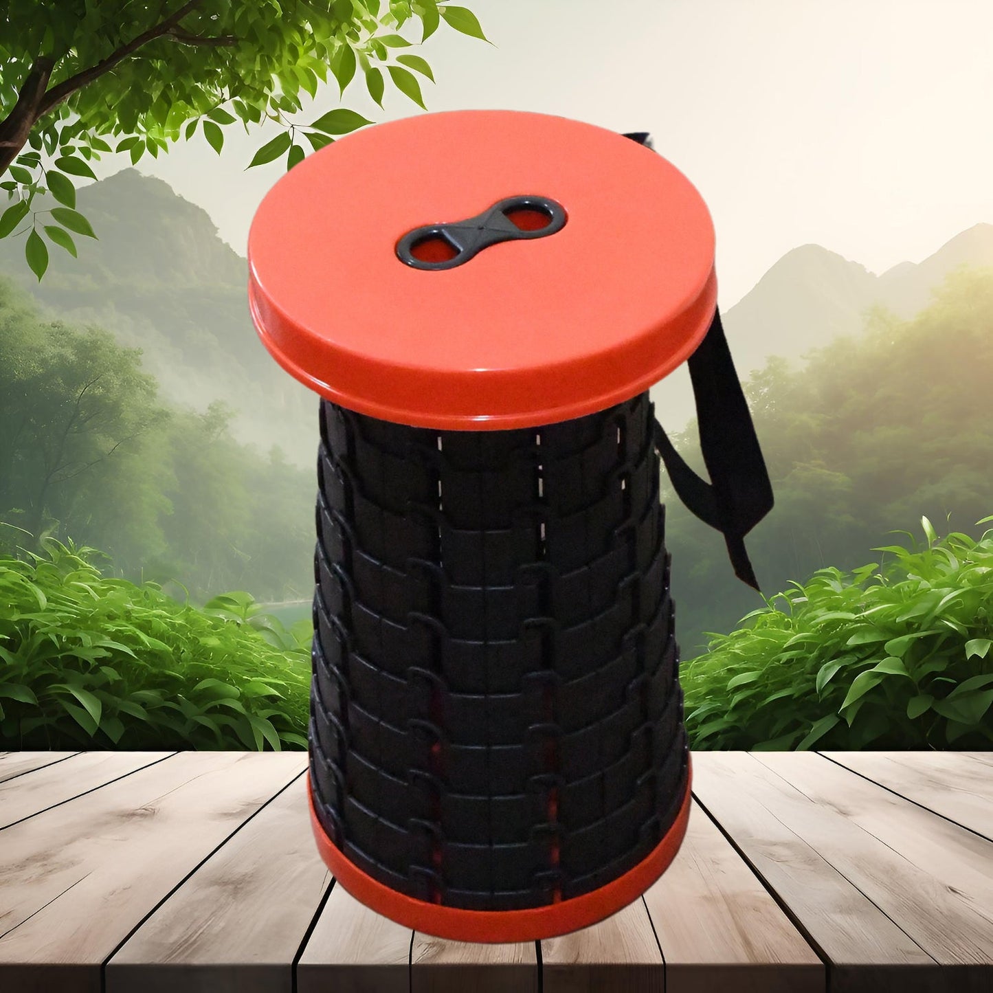 The retractable folding stool fully extended, ready for use as a comfortable seat.
