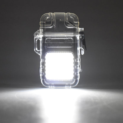 Portable electric lighter with 3-mode COB flashlight illuminating a dark area.