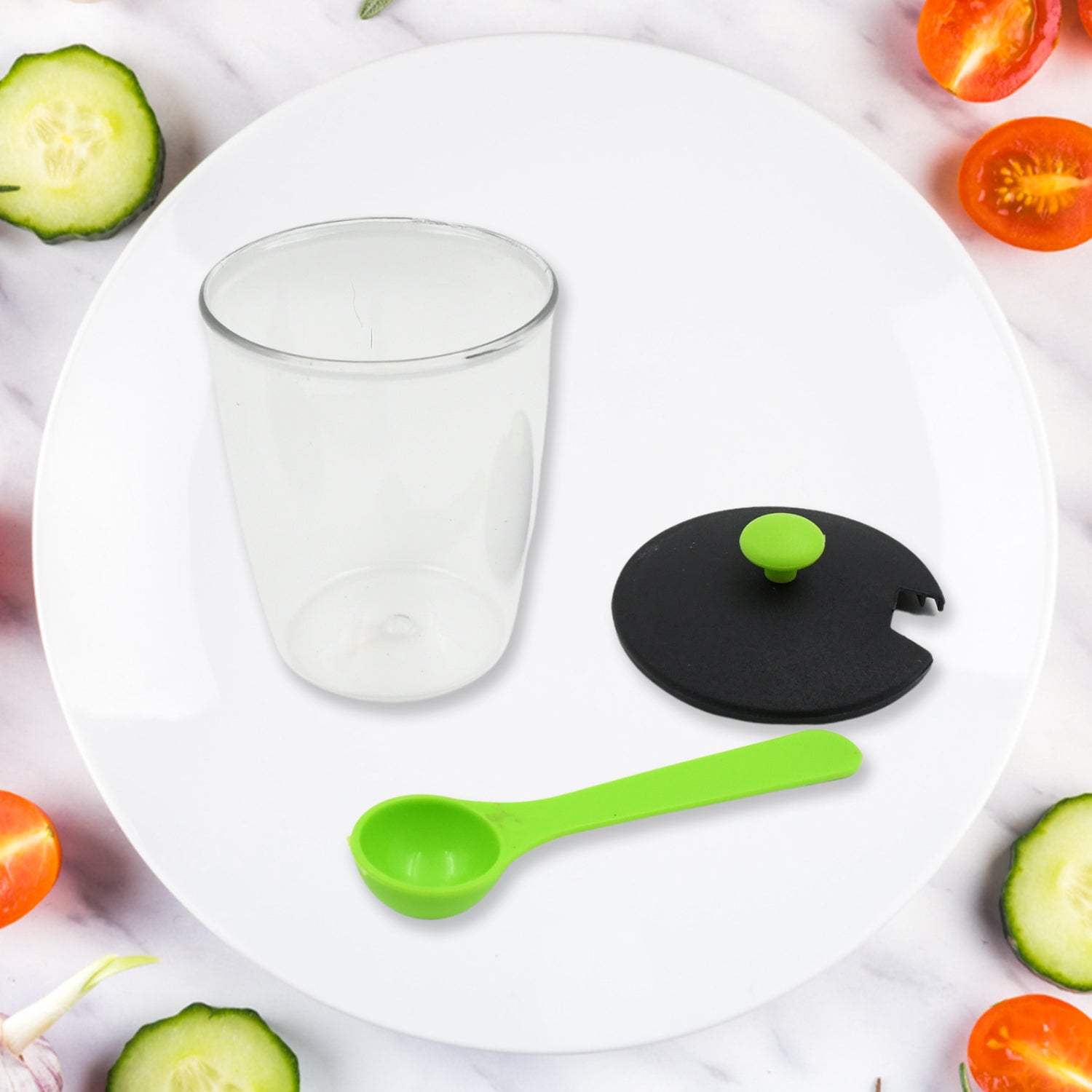 Detailed view of the plastic spice jars, emphasizing their clear body for quick spice identification.