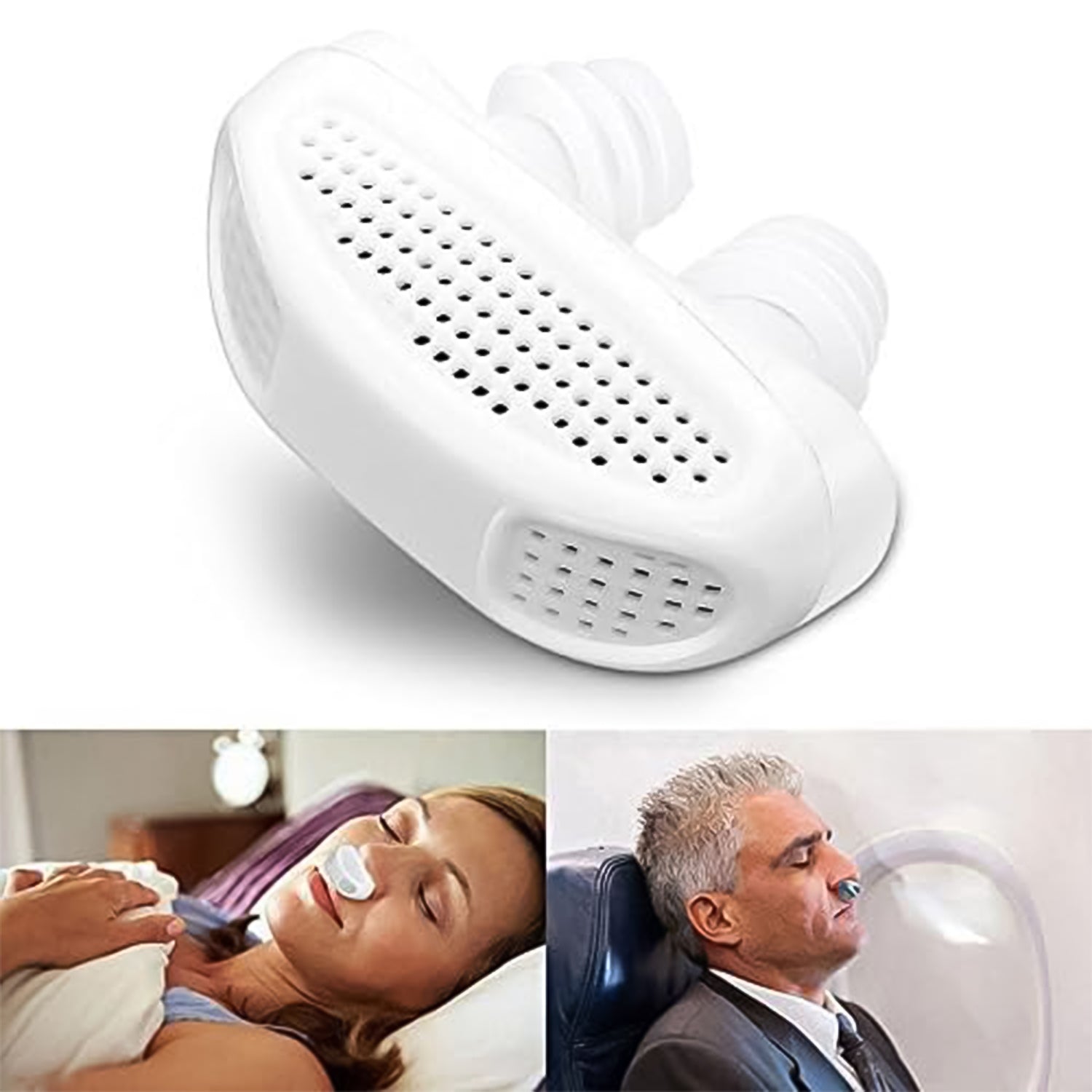 Person demonstrating the discreet and comfortable use of the Air Purifier Nose Clip.
