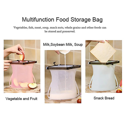 Assortment of colorful, stackable silicone food bags for organised kitchen storage.