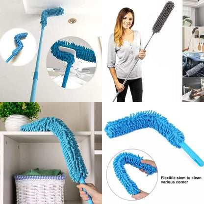 Adjustable dust brush cleaning a ceiling fan effectively.