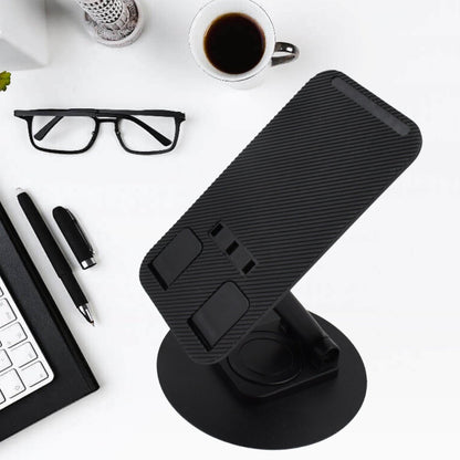 The foldable phone holder extended, demonstrating its height adjustment capabilities for comfortable viewing.