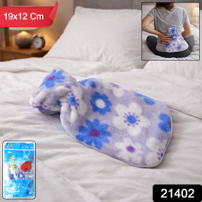 Soft plush fabric cover hot water bottle sized 19x12 cm for targeted heat therapy