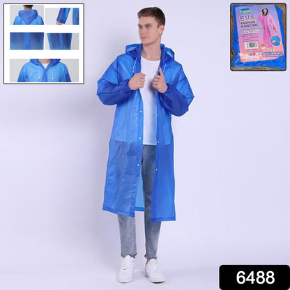 A man models a blue translucent rain jacket with a hood; inset images show closeups of the hood, sleeve, and snaps.