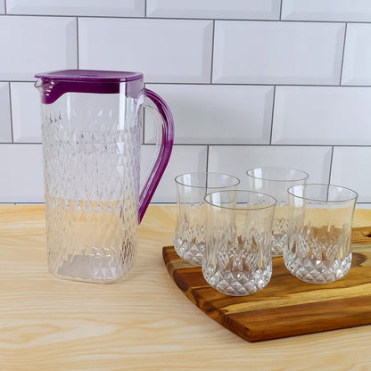 Close-up of diamond-cut texture on plastic jug and glasses