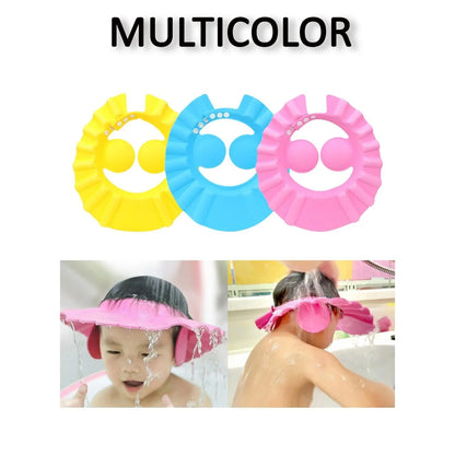 A child happily wearing the soft, adjustable kids' shower cap during a gentle hair wash.