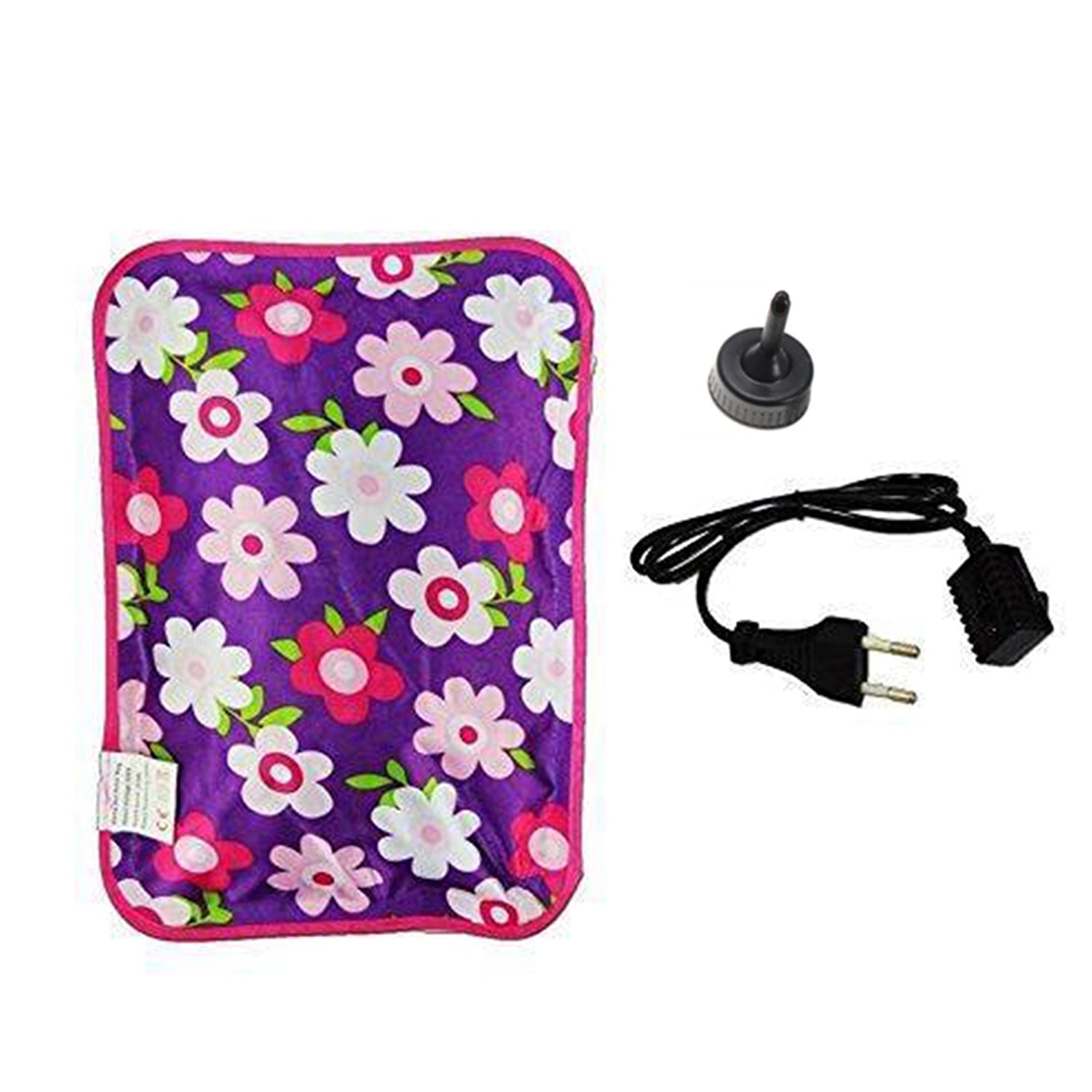 The gel hot water bag displayed with its power cord, illustrating how it charges for pain relief.
