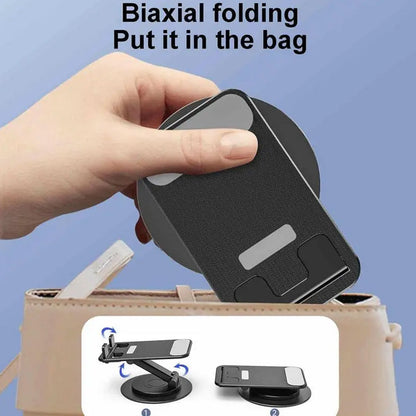 Close-up of the sturdy base and adjustable hinge of the rotating mobile stand, highlighting its robust design.