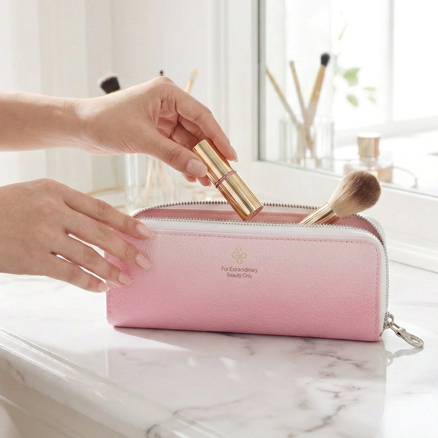 Makeup brush pouch filled with cosmetic tools inside