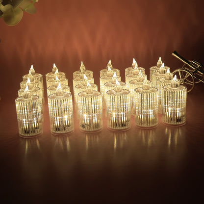 Multiple LED flameless decorative candles arranged showing crystal pattern and warm glow