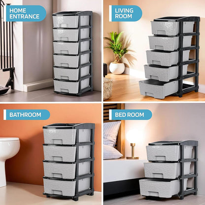 Front view of 6-layer plastic drawer organizer with stone texture and sturdy black frame