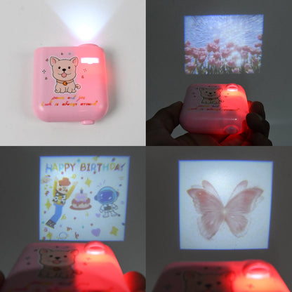 Joyful party atmosphere created by dynamic light patterns from the slide projector.
