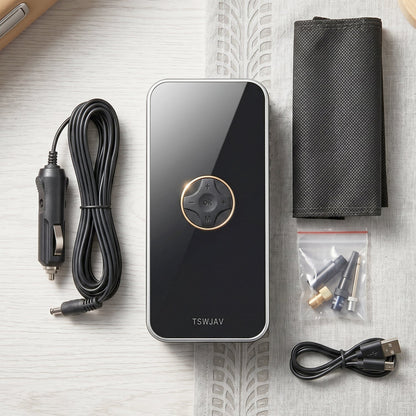 Portable air pump with charger cables, nozzles, and storage pouch