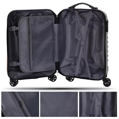 The complete multi-color trolley bag set presented together, highlighting their versatile sizes.