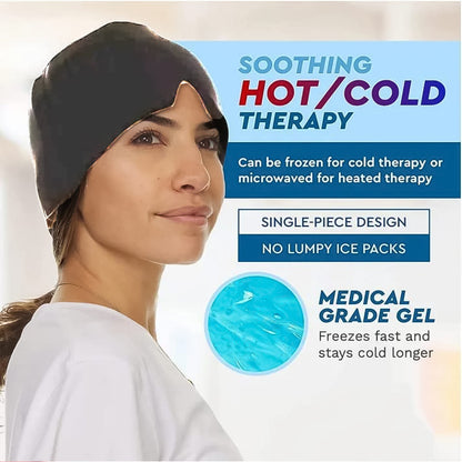 Person wearing the grey cooling head wrap, demonstrating its snug fit and coverage for stress relief.
