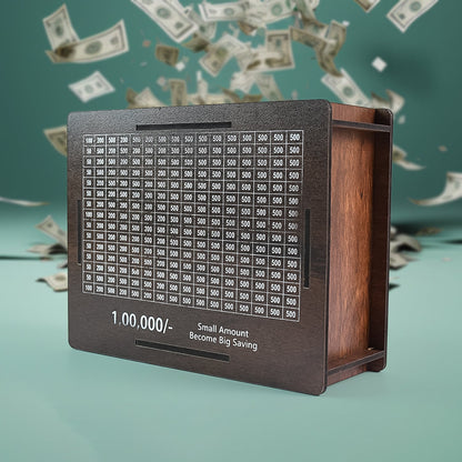 Wooden coin bank featuring a top coin slot and decorative Emoji Pan
