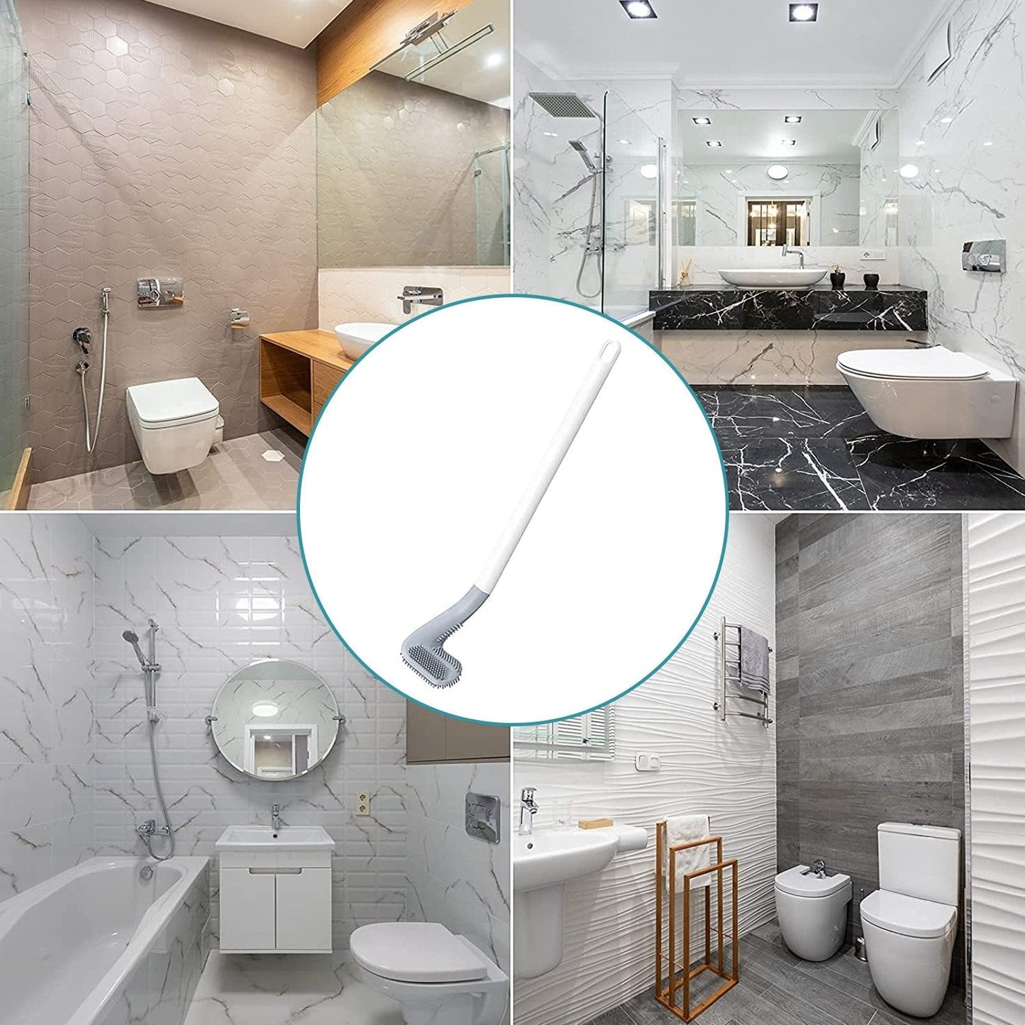 Golf-shaped toilet cleaning brush with its adhesive wall holder.