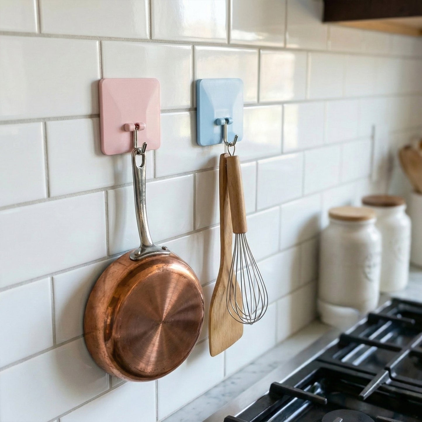 Metal adhesive hooks with square base on smooth surface