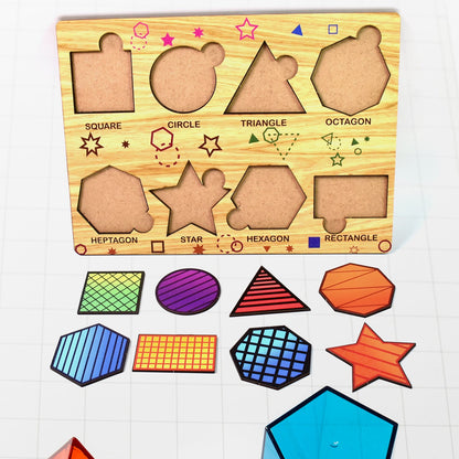 Close-up of the Wooden Triangle Puzzle demonstrating shape matching and fine motor skills.