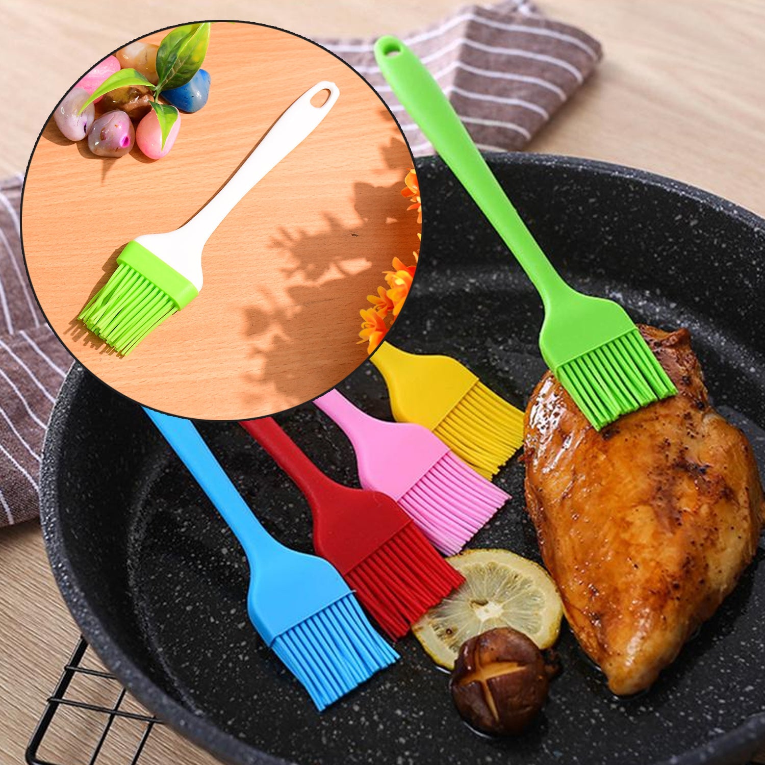 CookAura kitchen oil spatula brush resting on a kitchen countertop