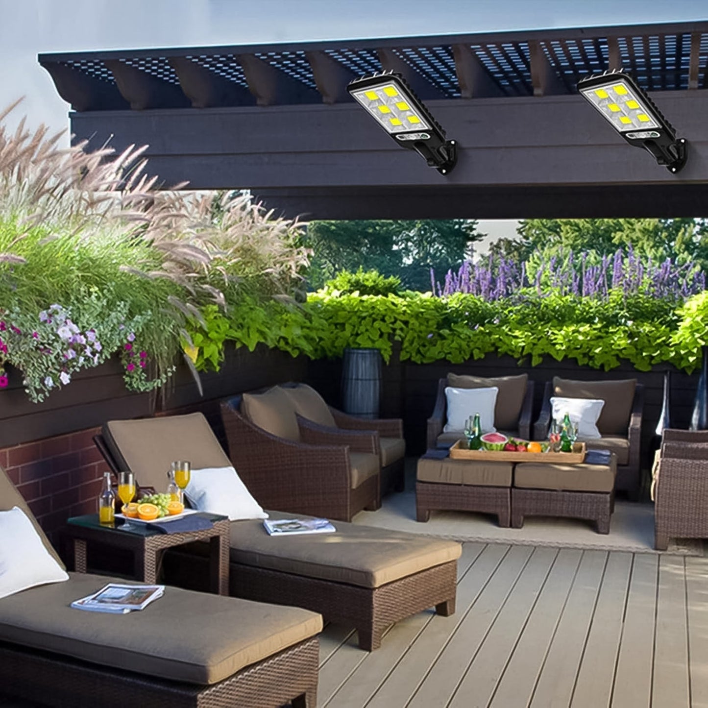 Solar motion sensor street light installed on wall for security lighting