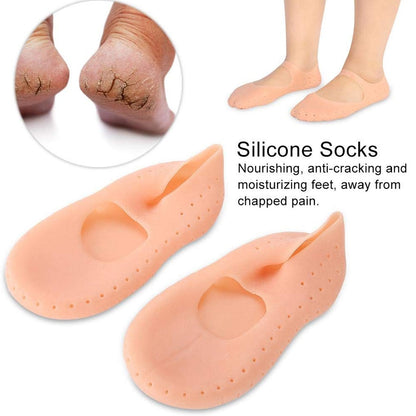 Silicone gel socks displayed flat, highlighting their soft texture for cracked heels.
