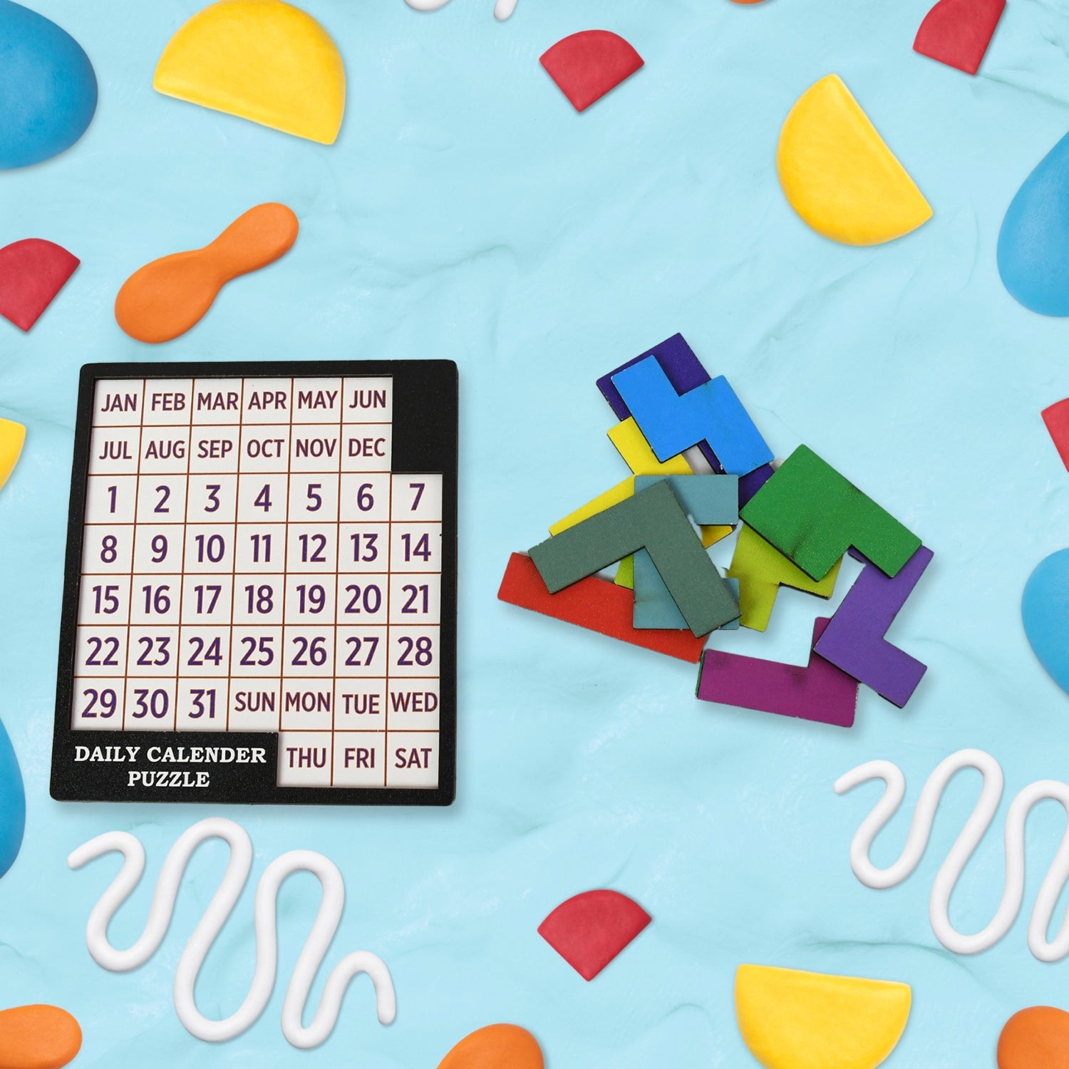 Close-up of the vibrant wooden pieces of the Daily Calendar Puzzle, highlighting craftsmanship.