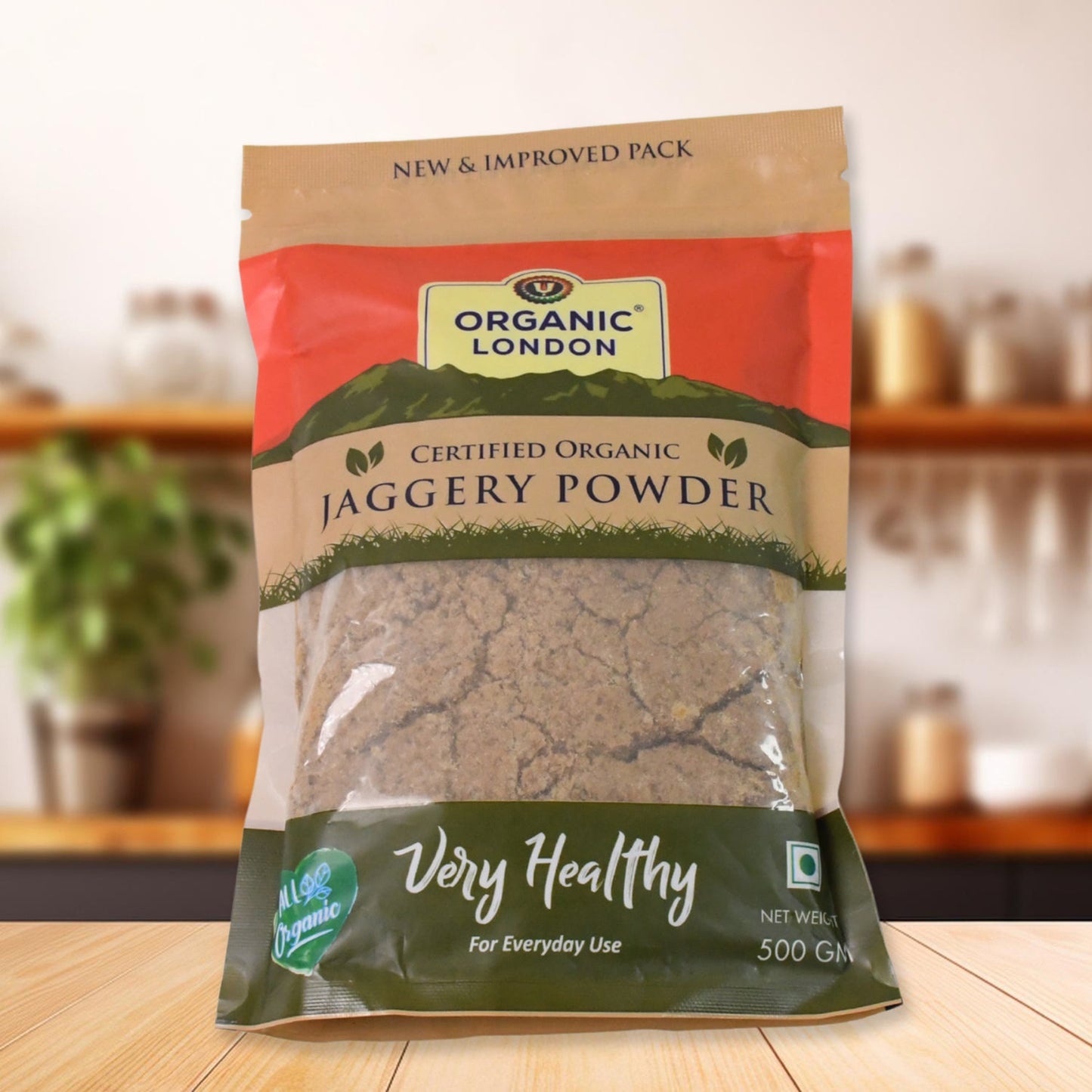 Golden harvested organic jaggery powder showing fine granules