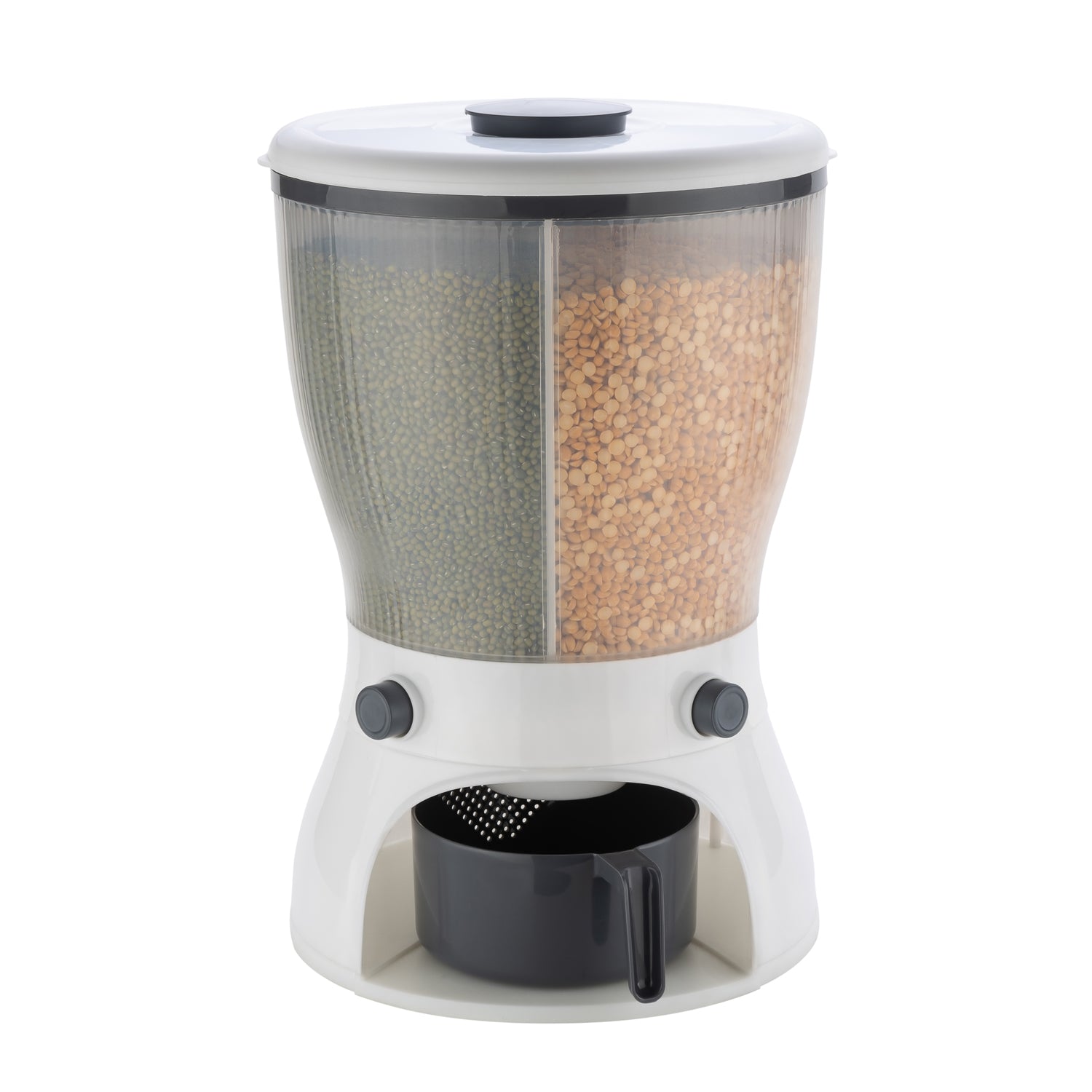 Front view of the 10L rice dispenser, showcasing its ample storage capacity.