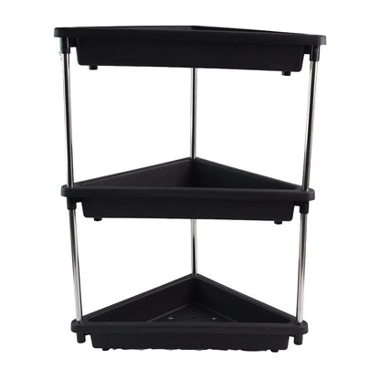 Side view of plastic corner storage rack with 3-layer shelves
