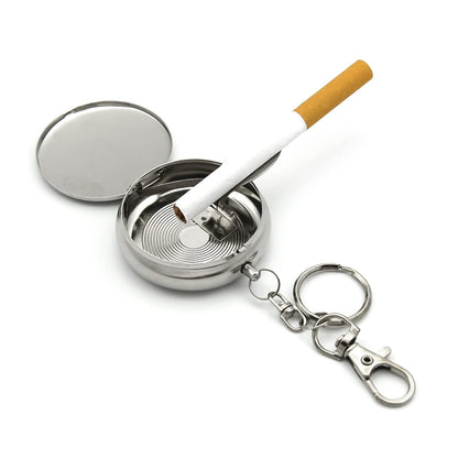 Mini steel pocket ashtray with lid and keychain