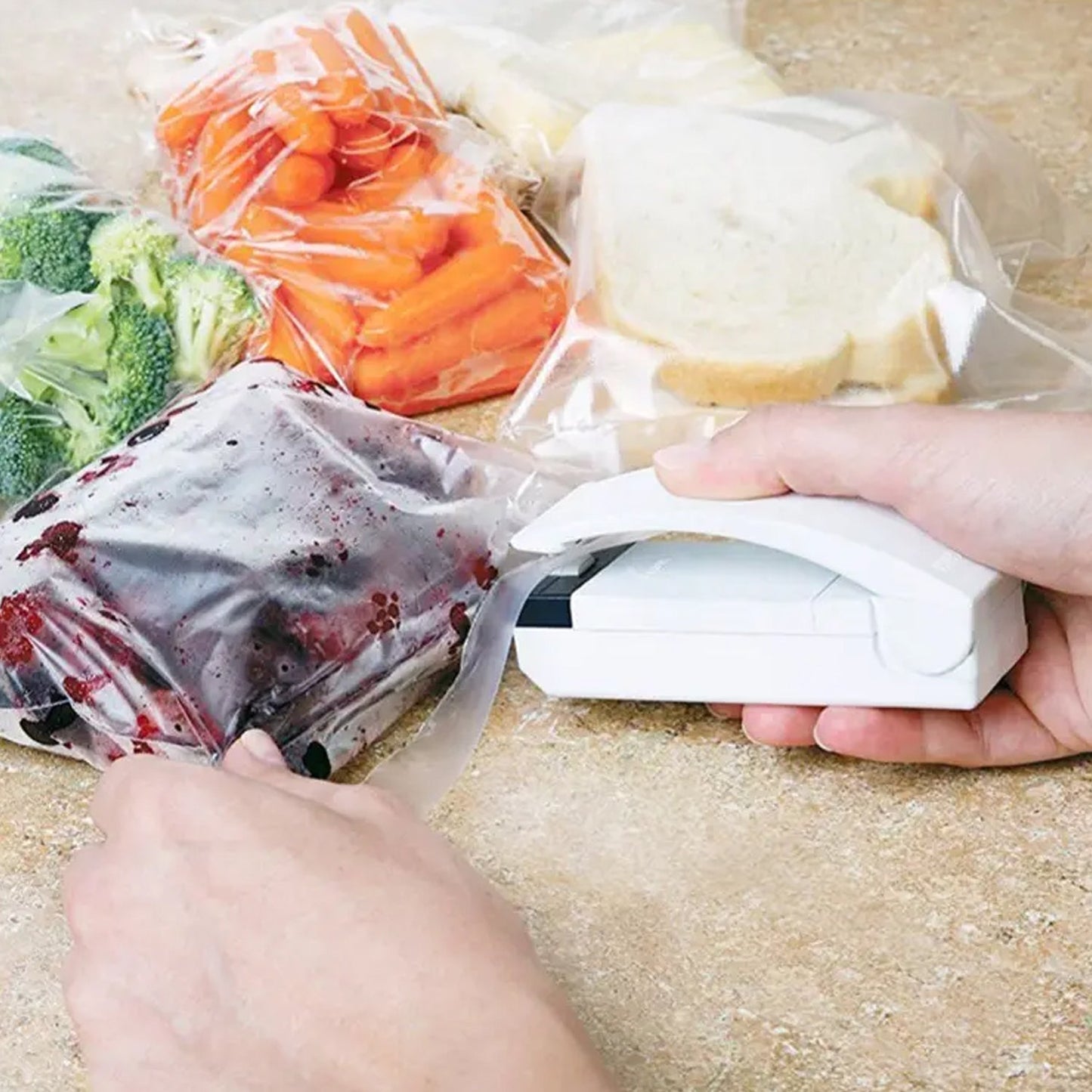 Portable plastic bag sealing machine, ideal for keeping kitchen items fresh.
