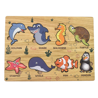 Kid-friendly wooden puzzle featuring bright sea creatures on a learning board.