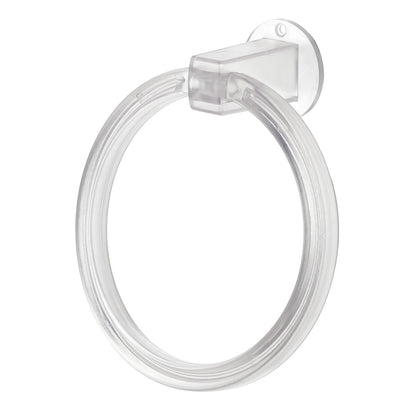 The clear ABS towel ring displayed against a neutral background, highlighting its transparency and form.